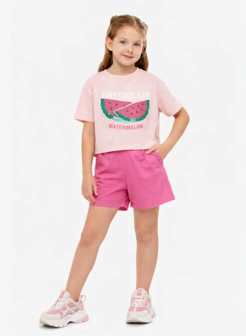 victor and jane Girls 2 Pc Set Watermelon Print T-Shirt & Shorts Set – Light Pink & Pink